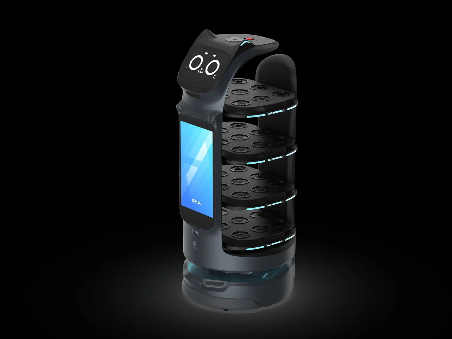 PUDU BellaBot Pro delivery robot in black with four trays and cat inspired display