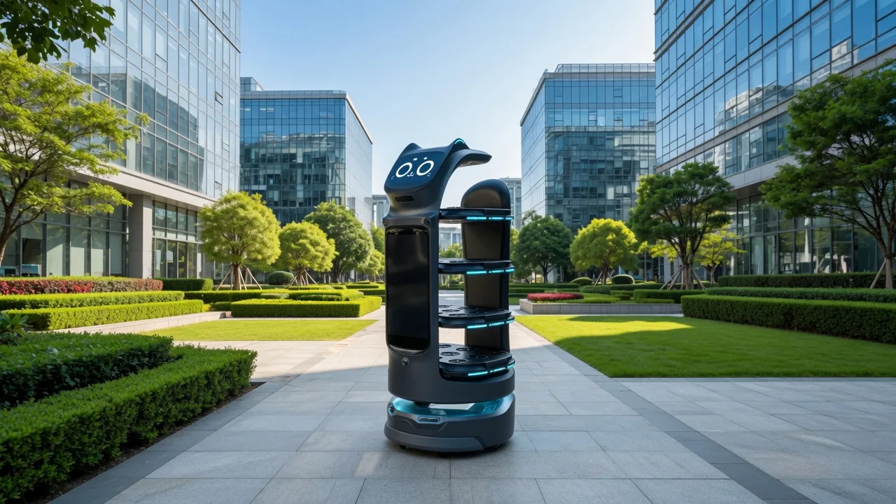 PUDU BellaBot Pro delivery robot on a corporate campus