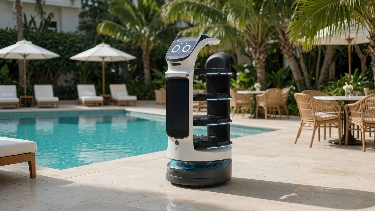 PUDU BellaBot Pro delivery robot on a hotel pool terrace