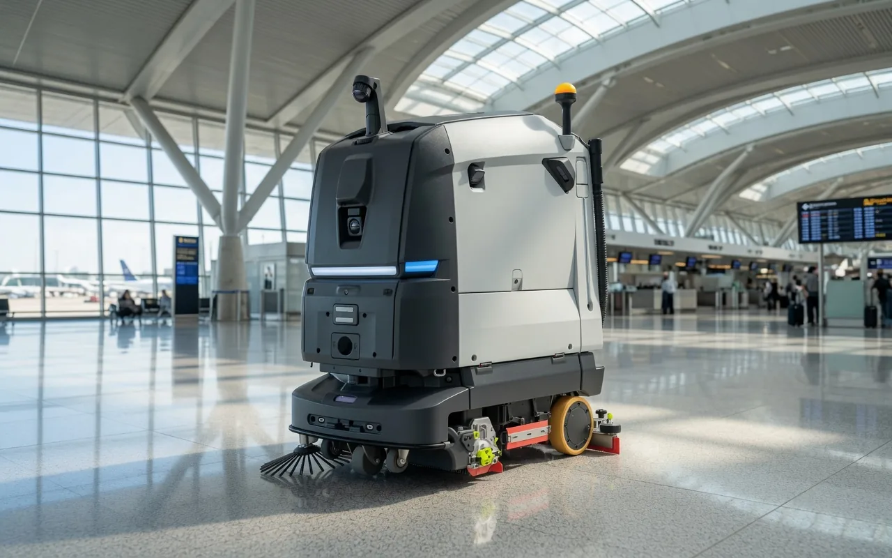 PUDU BG1 scrubber dryer in an airport terminal