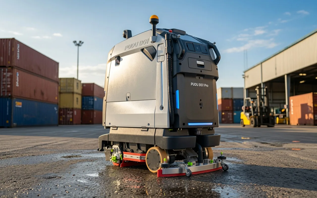 PUDU BG1 scrubber dryer in a logistics yard