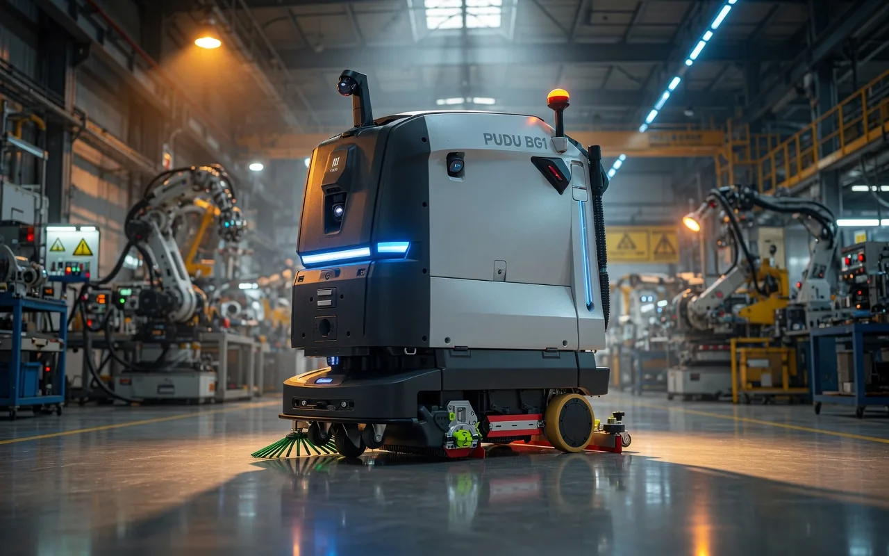 PUDU BG1 scrubber dryer on a manufacturing floor