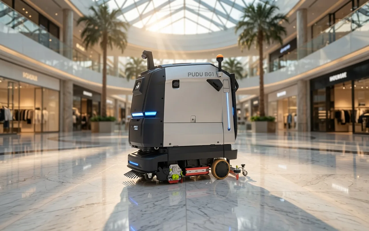 PUDU BG1 scrubber dryer in a shopping mall