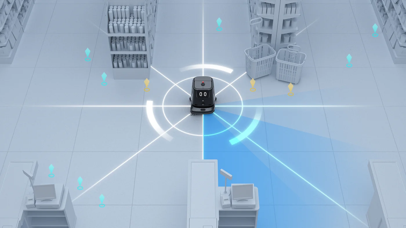 PUDU CC1 Pro Omni-Sense AI safety perception system detecting obstacles in a busy environment