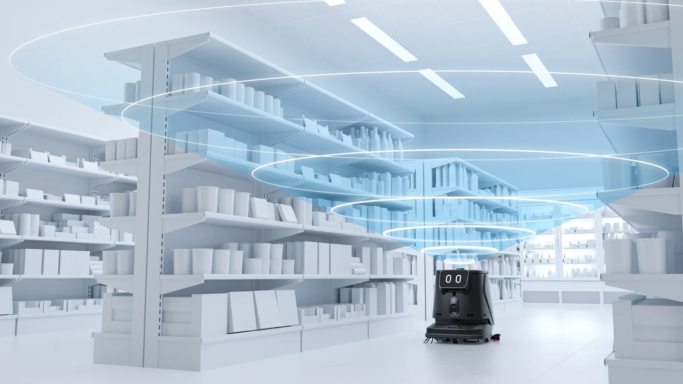 PUDU VSLAM+ navigation system showing robot mapping a large commercial floor