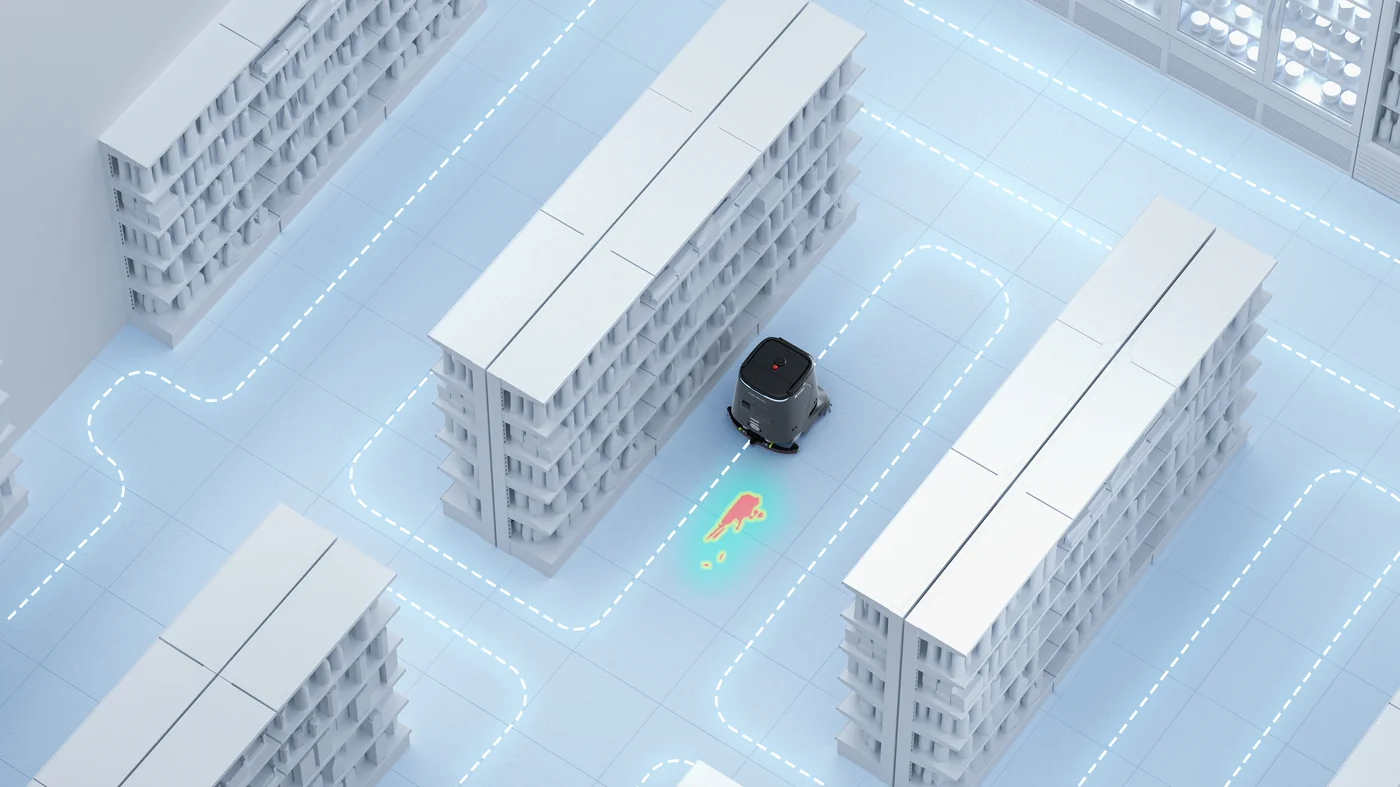 PUDU CC1 Pro AI real-time cleaning performance detection heatmap showing coverage