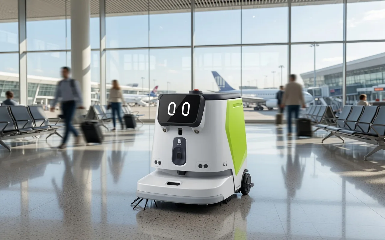 Tovrana CC1 Pro cleaning robot in an airport passenger terminal