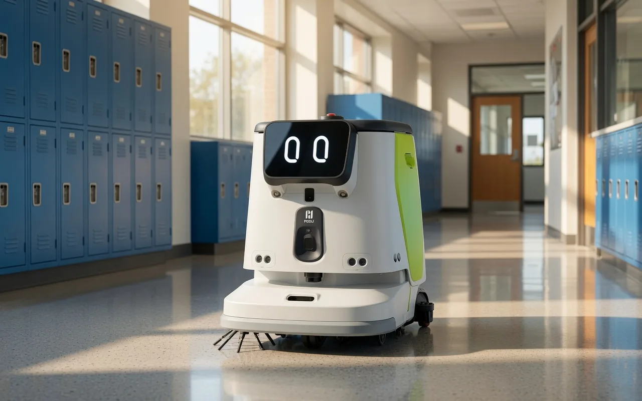 Tovrana CC1 Pro cleaning robot in a school hallway lined with lockers