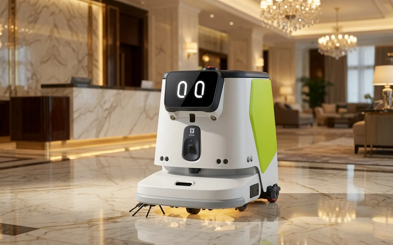 PUDU CC1 Pro cleaning robot in a hotel lobby