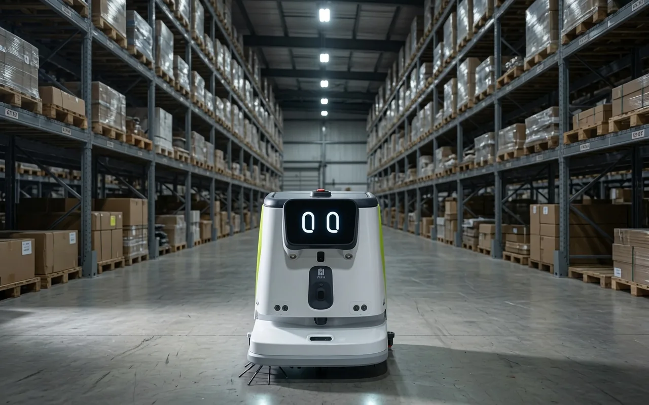 Tovrana CC1 Pro cleaning robot in a warehouse aisle