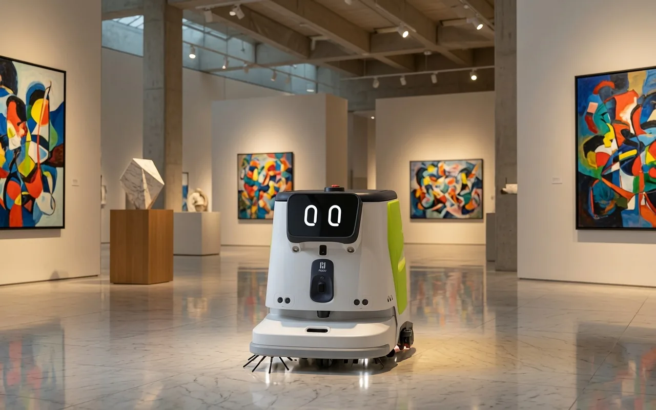 Tovrana CC1 Pro cleaning robot in an art gallery