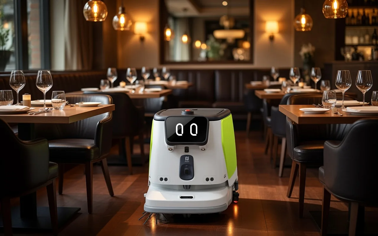 Tovrana CC1 Pro cleaning robot working between tables in a restaurant