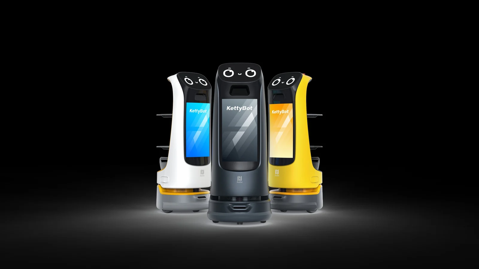 PUDU KettyBot Pro delivery robot in white, black, and yellow colorways
