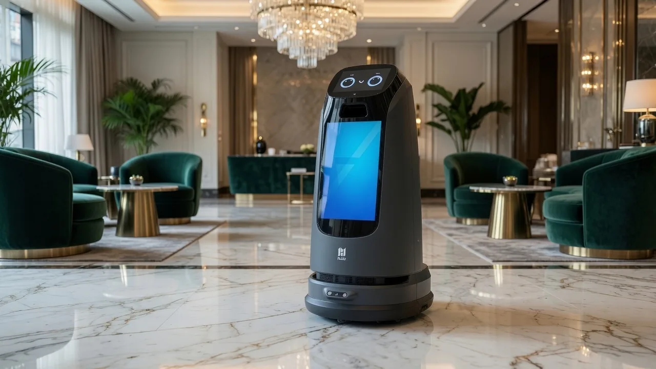PUDU KettyBot Pro carrying a delivery through a hotel lobby