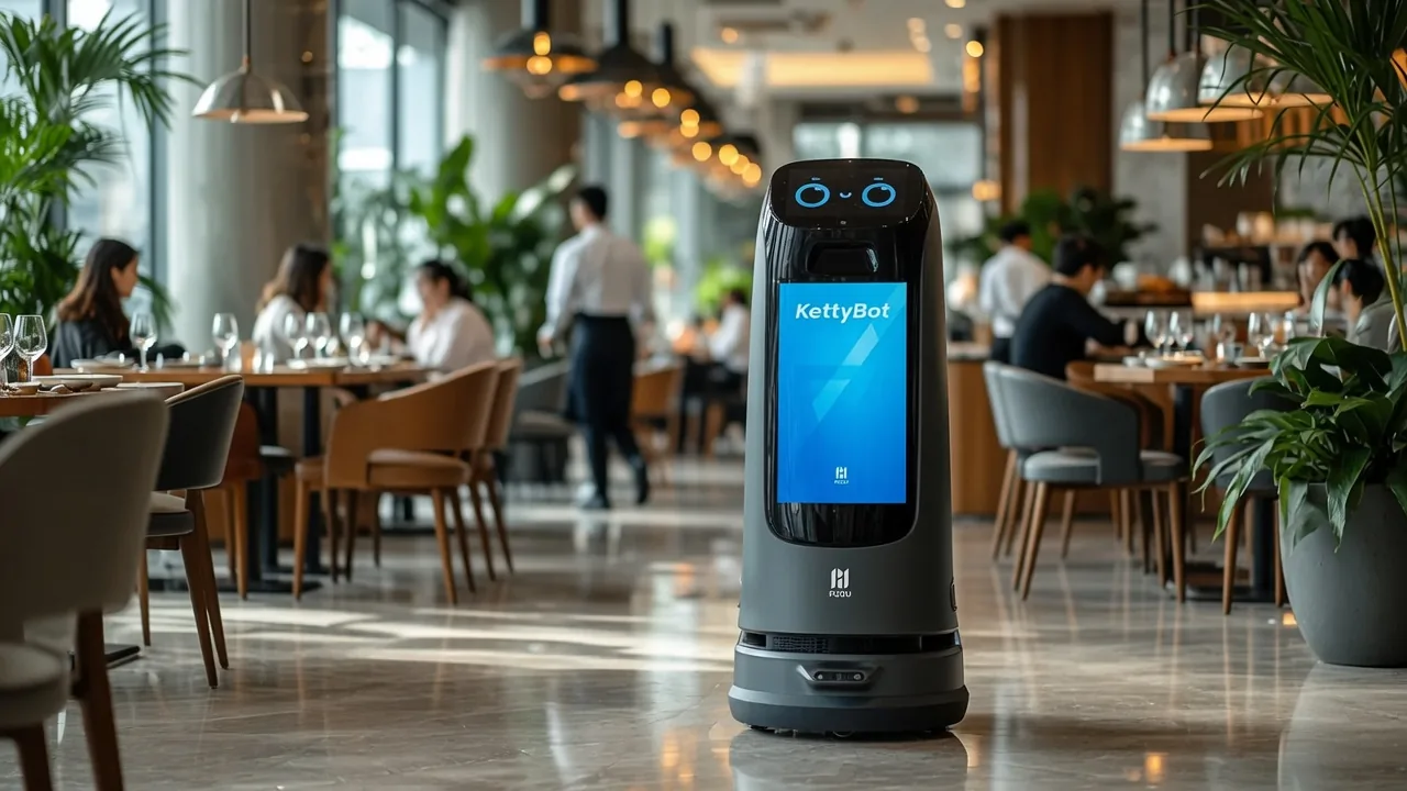 PUDU KettyBot Pro serving guests between tables in a busy restaurant