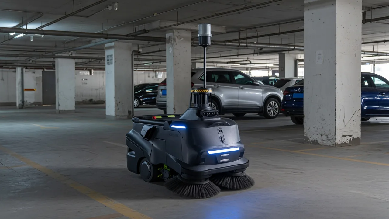 Tovrana MT1 Max floor cleaning robot cleaning a parking garage