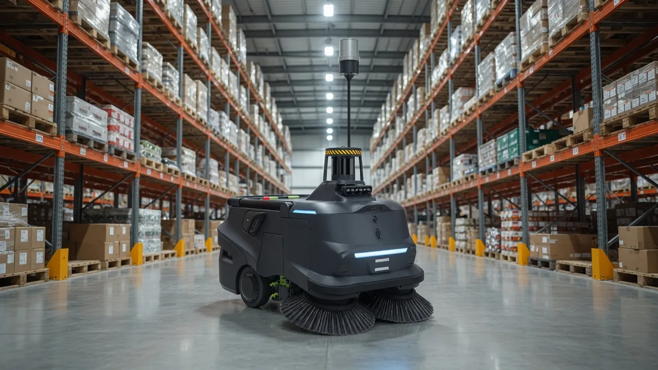 Tovrana MT1 Max floor cleaning robot in a logistics warehouse