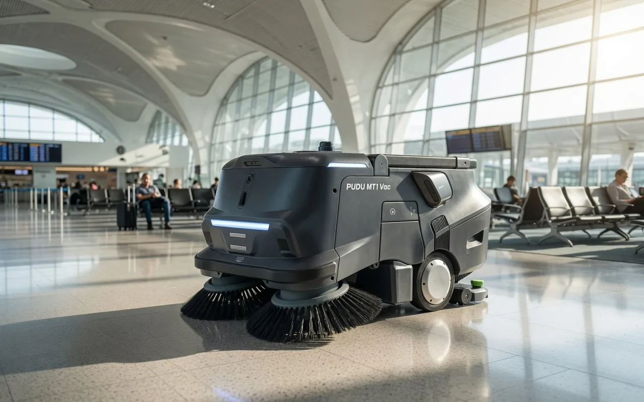 Tovrana MT1 Vac vacuum sweeping robot in an airport terminal