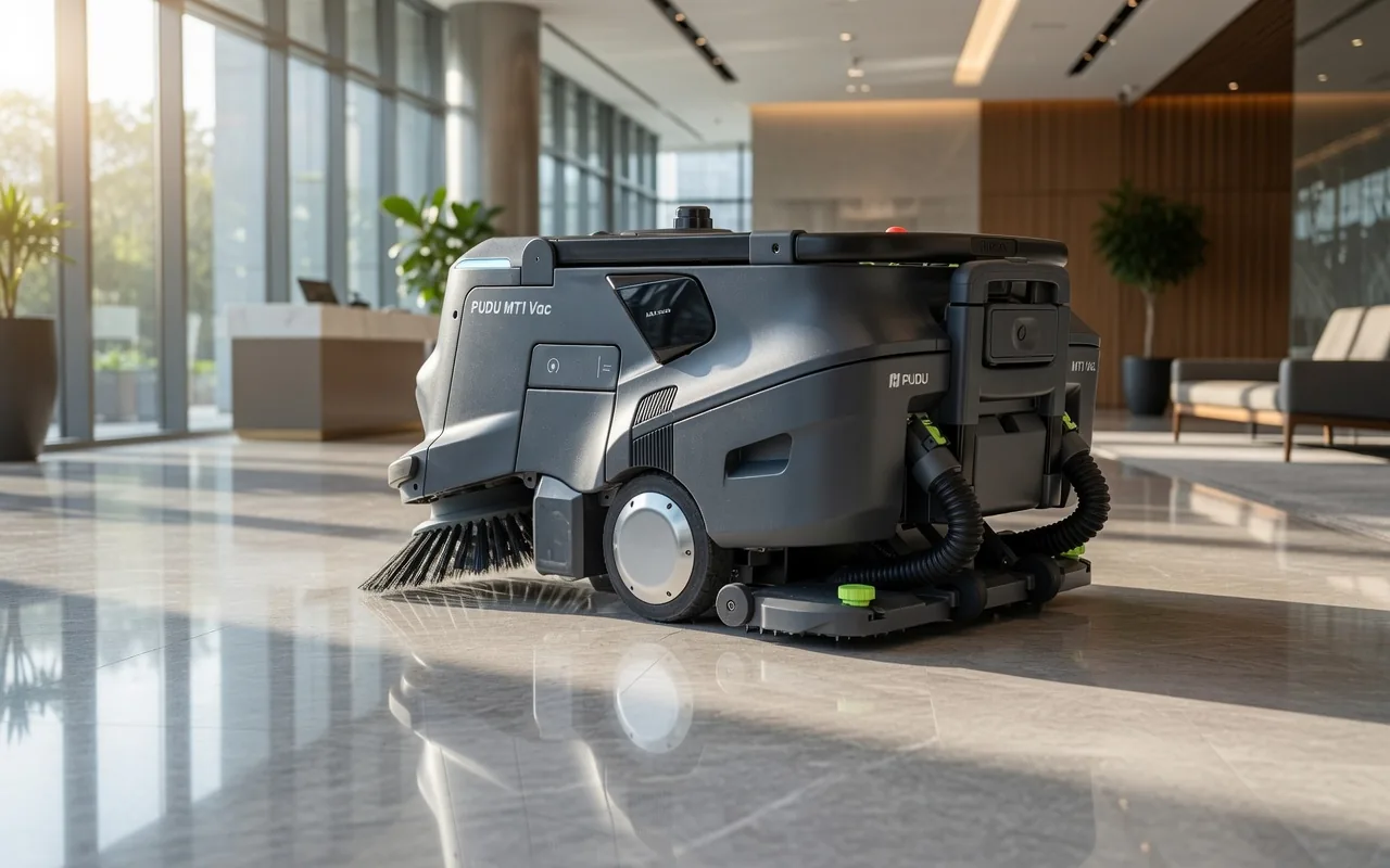 Tovrana MT1 Vac vacuum sweeping robot in a corporate office lobby