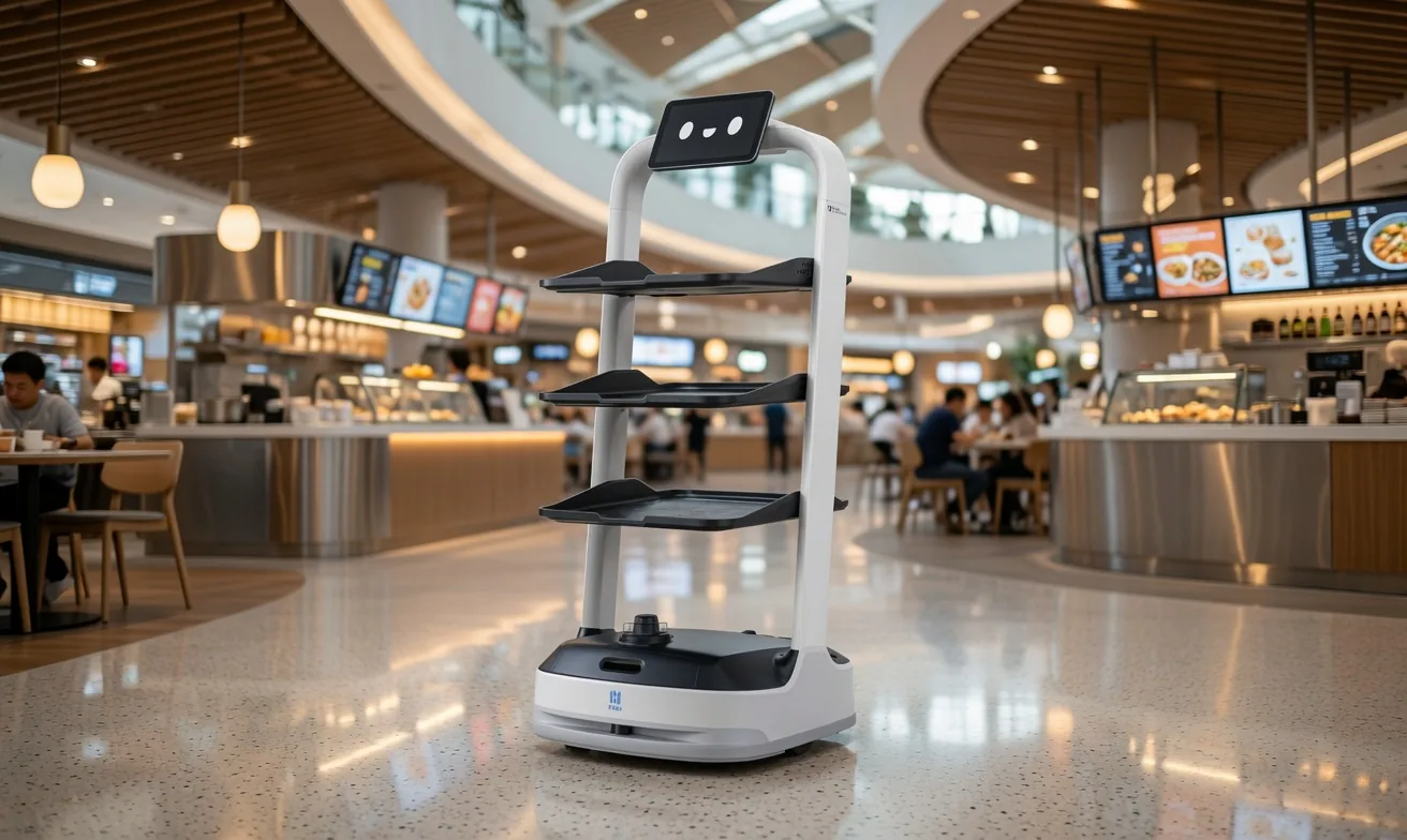 PUDU PuduBot 2 delivery robot in a mall food court