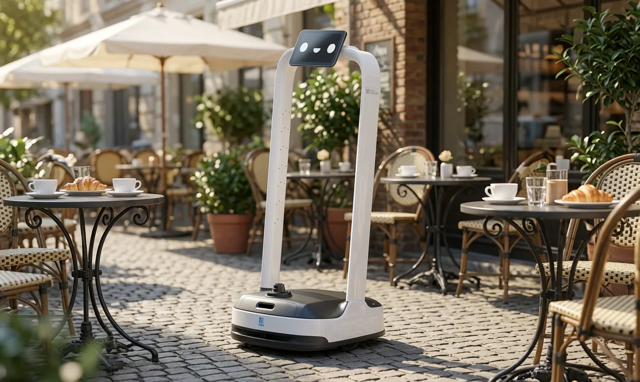 PUDU PuduBot 2 delivery robot at an outdoor cafe