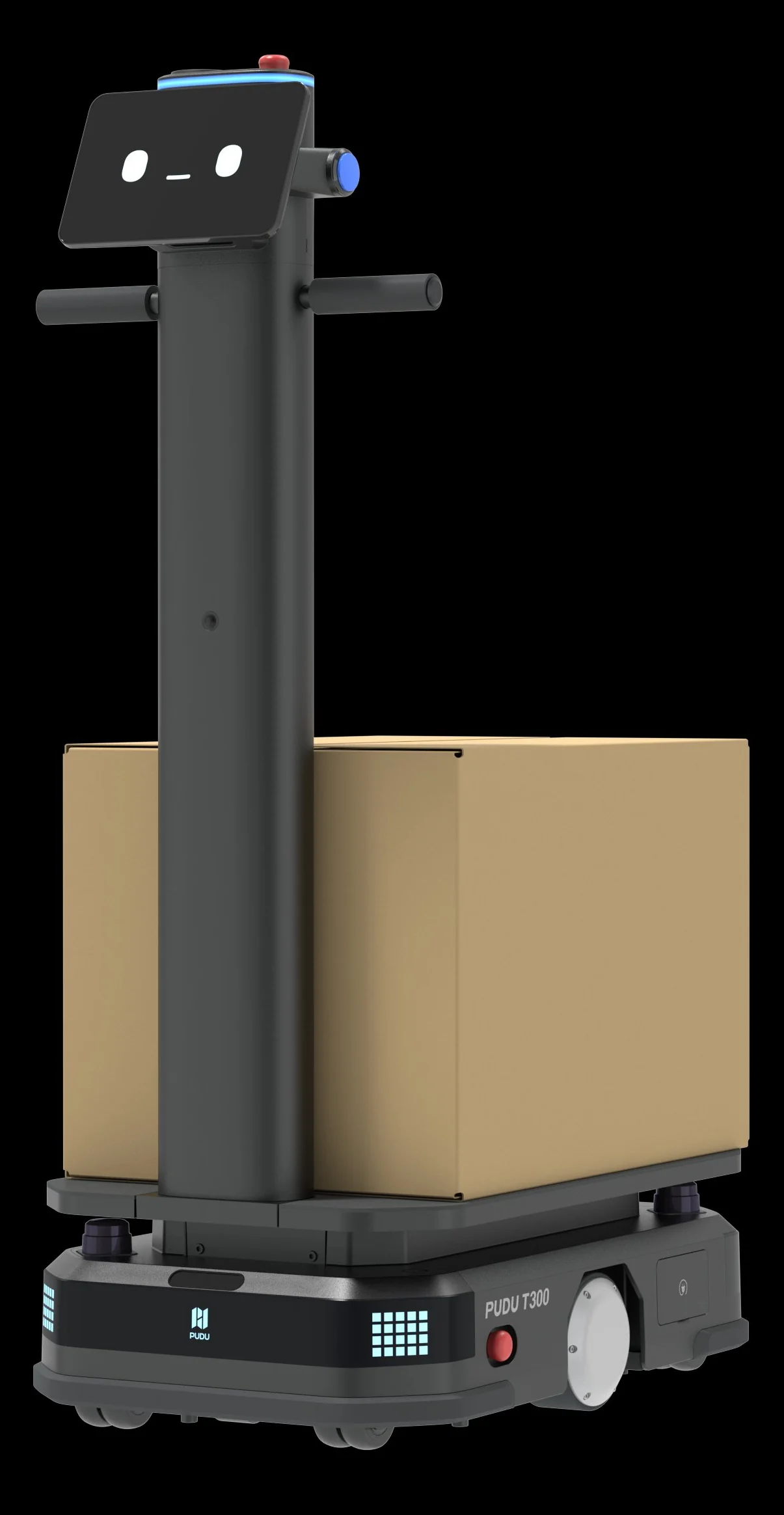 Two PUDU T300 industrial delivery robots in a warehouse