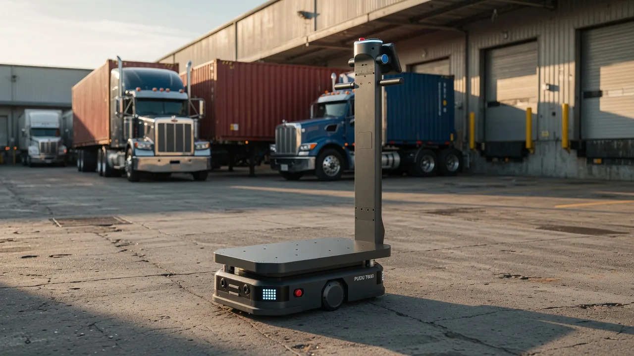 PUDU T600 heavy transport robot in a warehouse yard